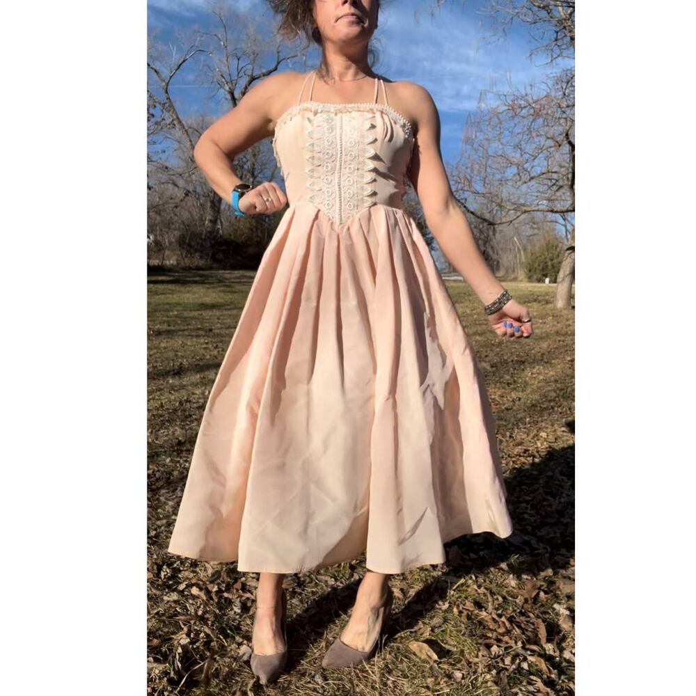 VTG Gunne Sax Pastel Pink Lace A Line Midi Prom Dress Dip Back coquette cute 7